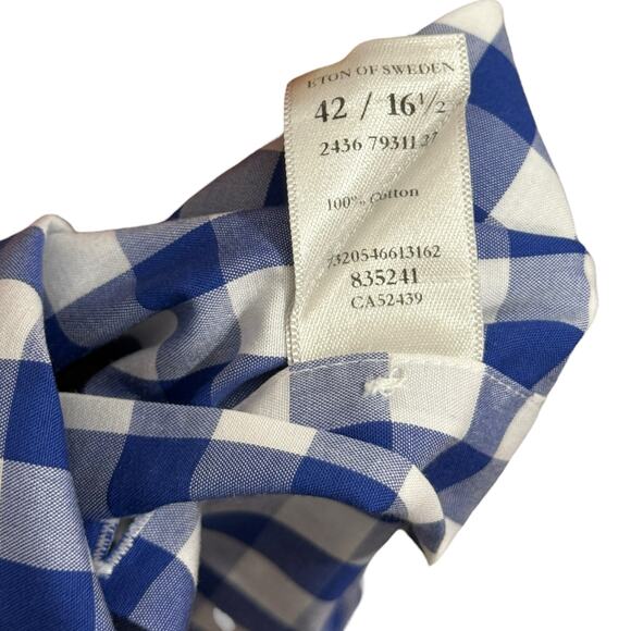 Eton Contemporary Mens Size 42/16.5 Long Sleeve Checkered Button Down Blue White - Picture 5 of 11